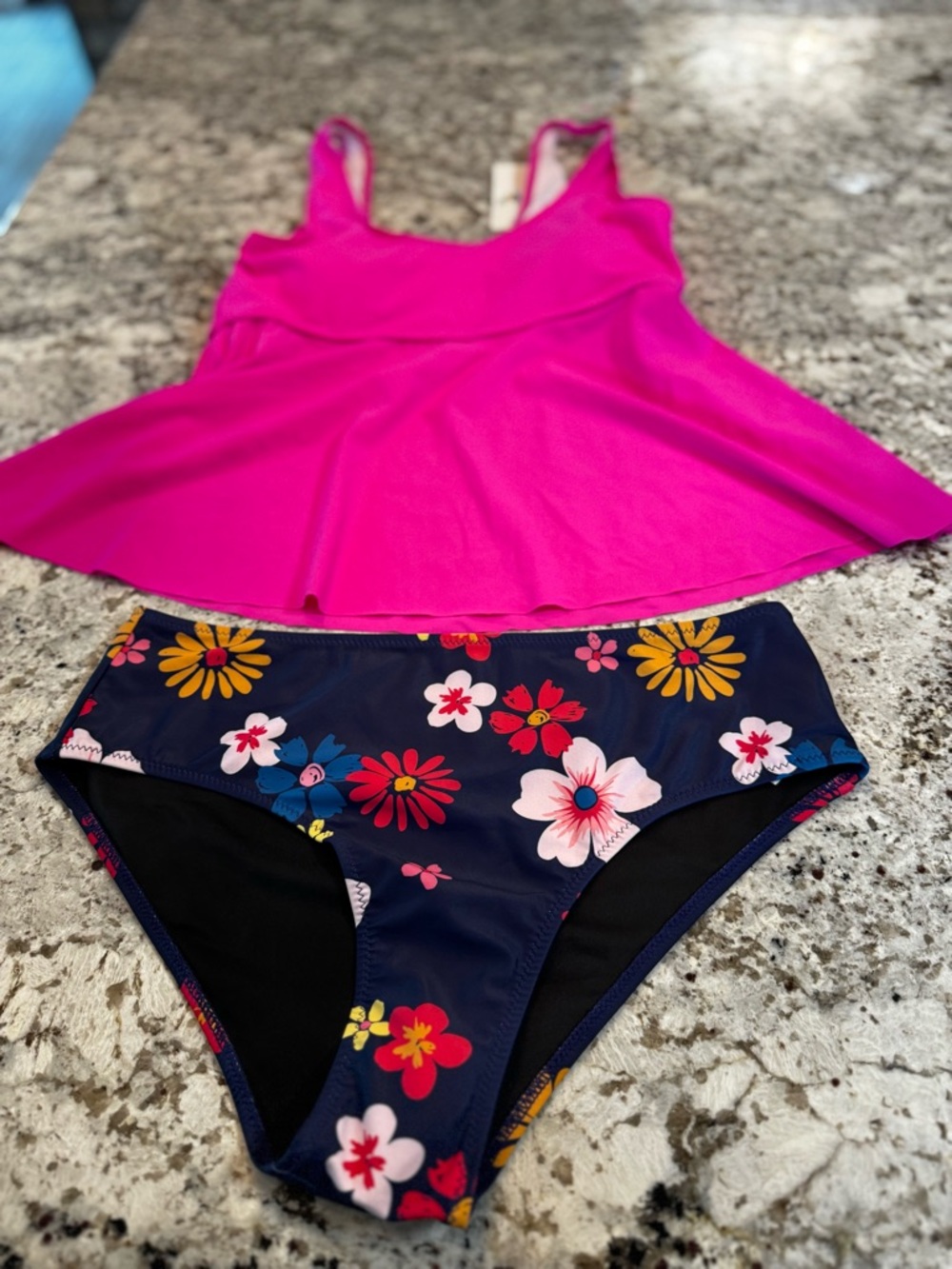 Bright Pink Tankini Top with Navy Floral Bikini Bottoms‎ - Women's Swim Set
